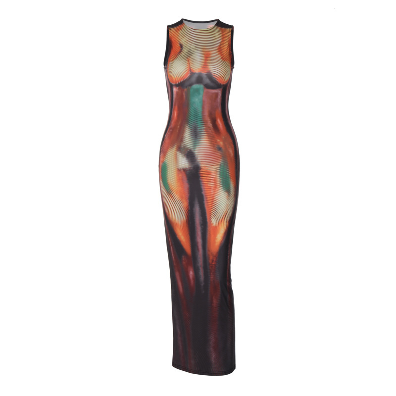 Women's New4 Summer New Fashion Print Slim Fit Round Neck Sleeveless Dress