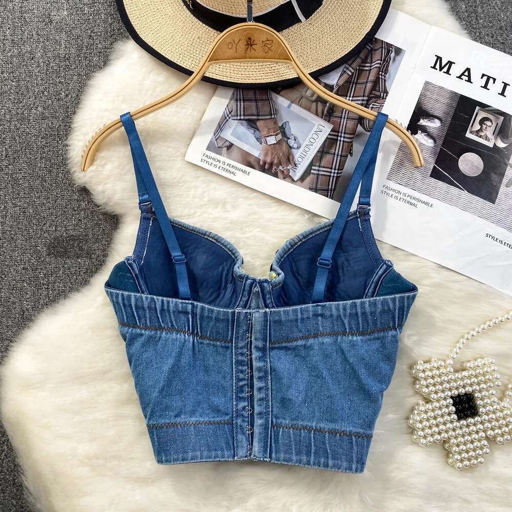 Women Summer Denim Camisole Corset Top Build In Bra Crystal Dias Pearl Jeans Tops High Street Club Party Nightwears