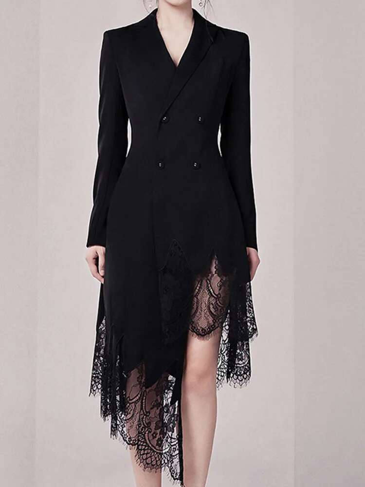DEAT Fashion Women's Dress Notched Doube Breasted Irregular Hem Lace Spliced Slim Suit Jackets Summer 2024 New Tide 7Ab4231