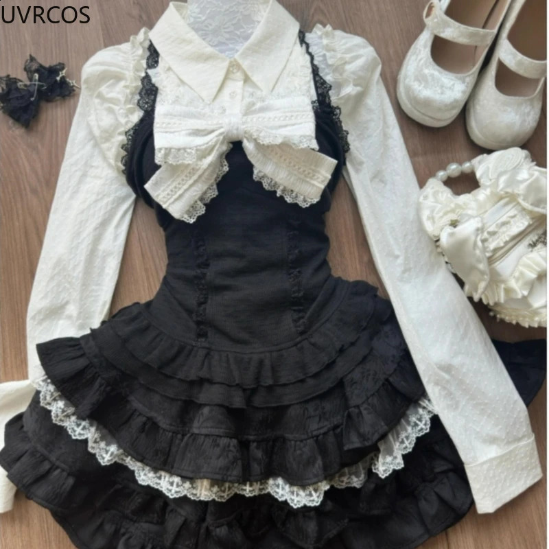 Y2k Aesthetic Lolita Style 3 Piece Set Women Kawaii White Shirt Bow Lace Vest Ruffle Mini Skirts Japan Fashion Gothic Skirt Suit 250225