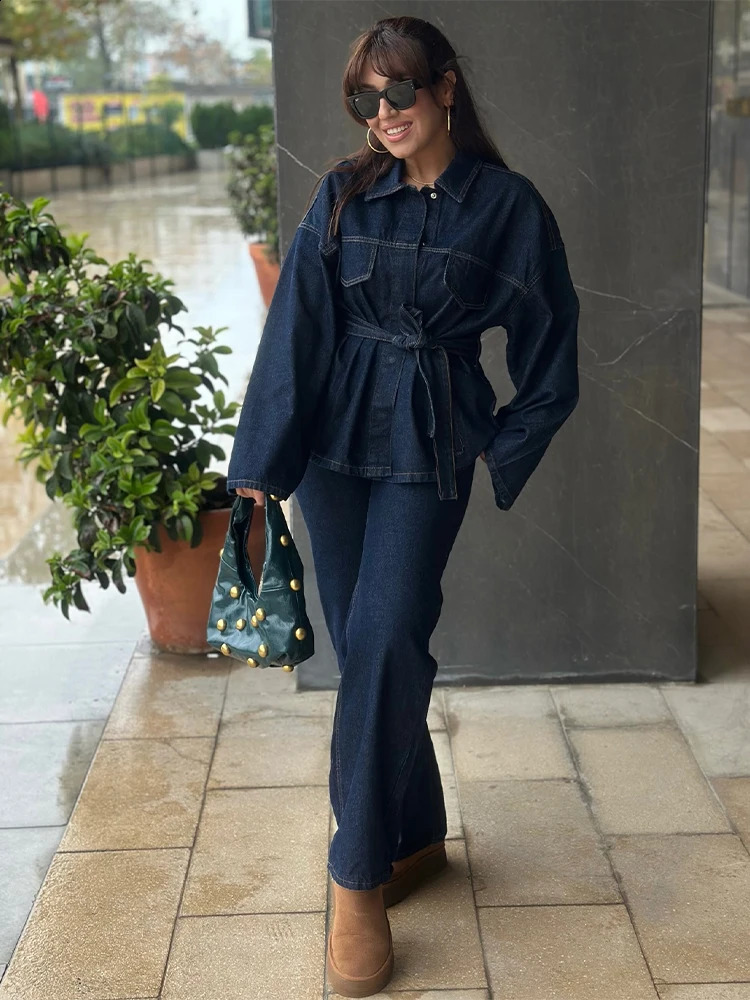 Vintage Women Denim Pants Set Laple Single Breasted Long Sleeve Belt Jackets Wide Leg Jeans Female Suit Chic Lady Outfits 250225