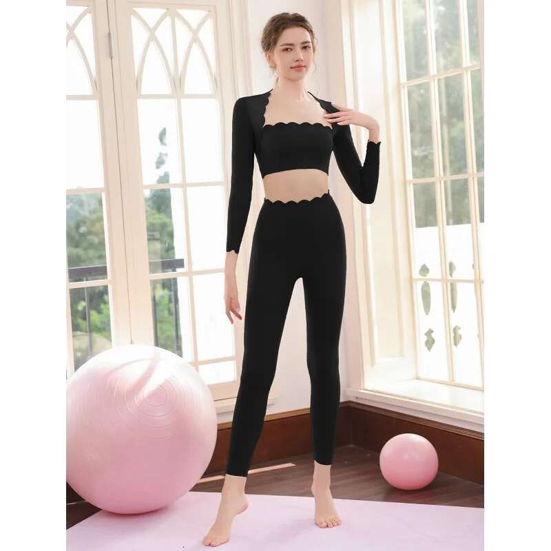 Women's Elasticity Shock-Absorbing Sports Lace Long Sleeved T-Shirt Top Set, High Waist And Hip Lifting Fiess Suit Set
