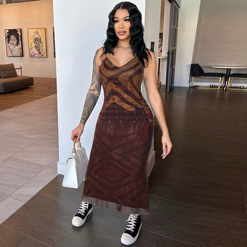 Women's New4 Summer New Product Fashionable Printed Sexy V-Neck Bareback Slimming Strap Dress For Women