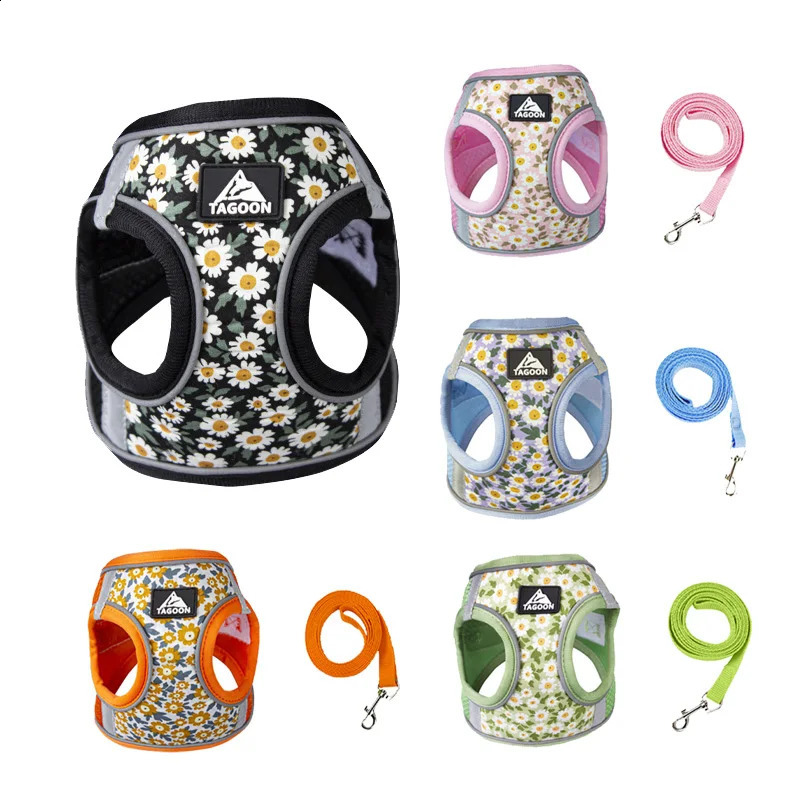 Dog harness with 1.5m leash set no tension dog vest with adjustable reflective breathable daisy print harness for pet puppies 250224
