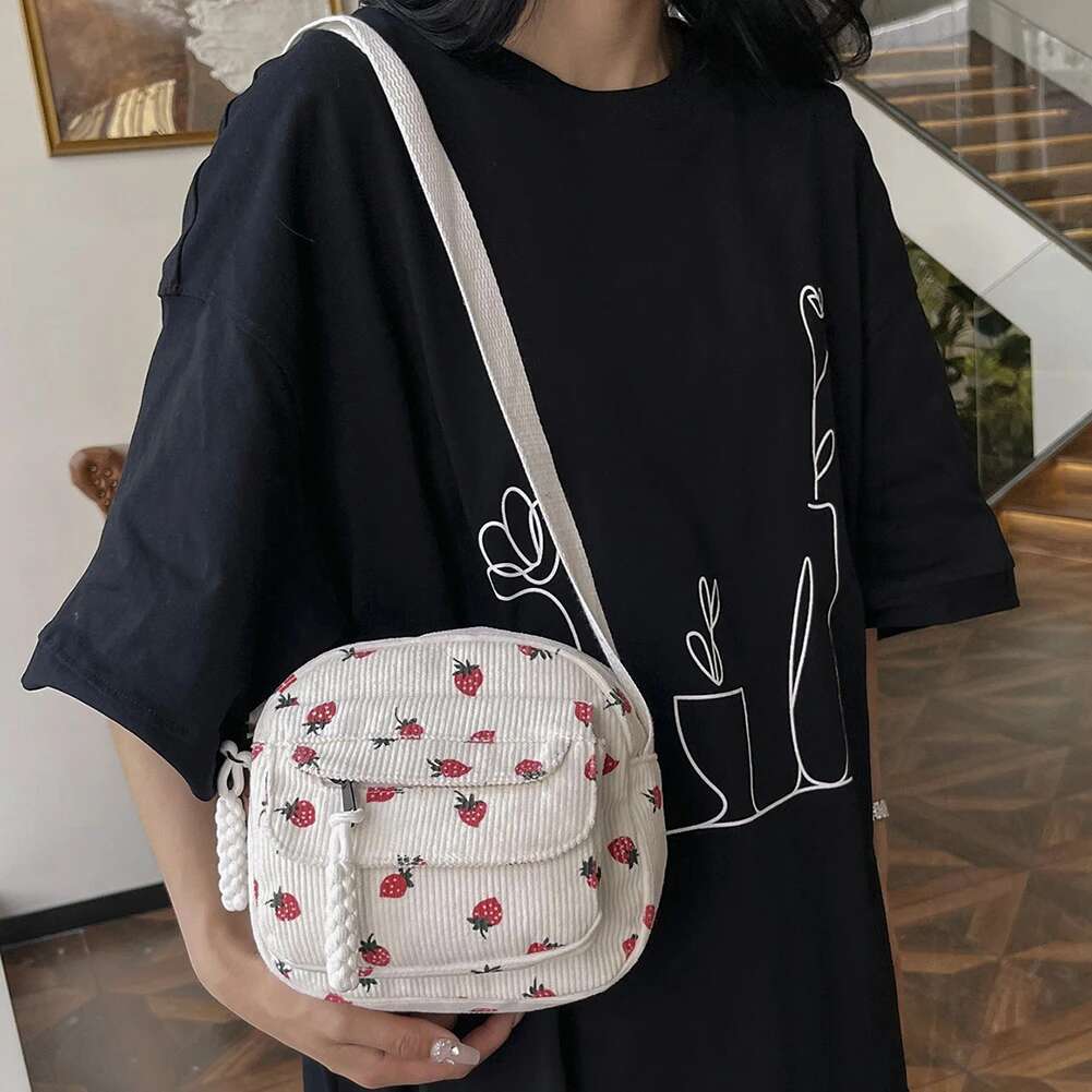 Cute Strawberry Fashion Slant Corduroy Shoulder Bag With Casual Zipper For Women