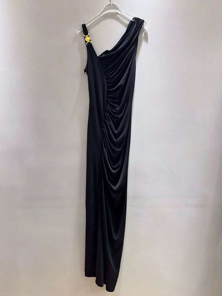 Metal Buckle Diagonal Shoulder 2024 Summer Women's With Irregular Pleats And Waist Black Sexy Dress