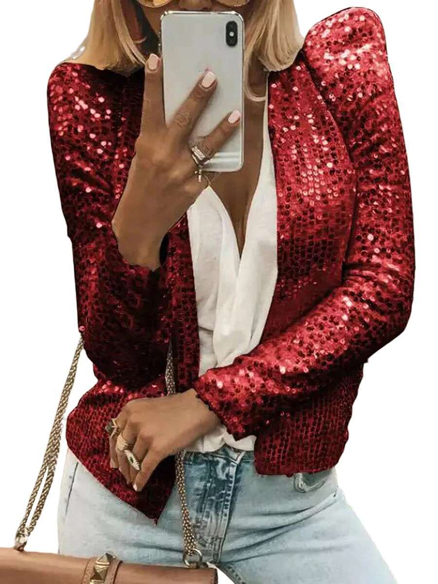 Women Sequin Jackets Long Sleeve Open Front Cardigan Coat Fall Tops Outerwear For Club Party