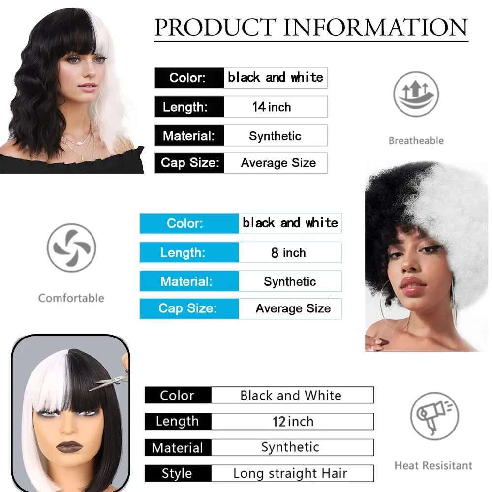 Cruella De Vil Synthetic White And Black Cosplay Wigs For Halloween Long Straight Wig With Bangs/Short Curly Bob Wig/Afro Wig