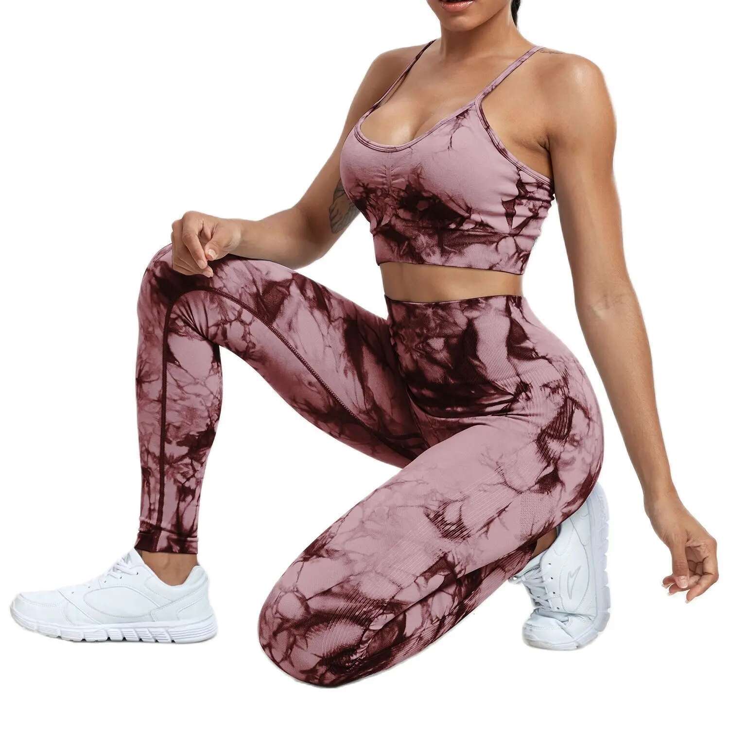 CHRLEISURE Women Tie Dye Yoga Set Seamless Fiess Suit Workout Legging With Running Bra Activewear Female Elastic Gym Wear