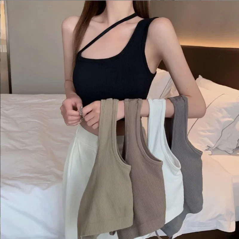 Korean Style Halter Neck Tank Top Womens Sleeveless Bra Base Layer Vest Small Size Fixed Cup Bra Padded Strapless Top 250224
