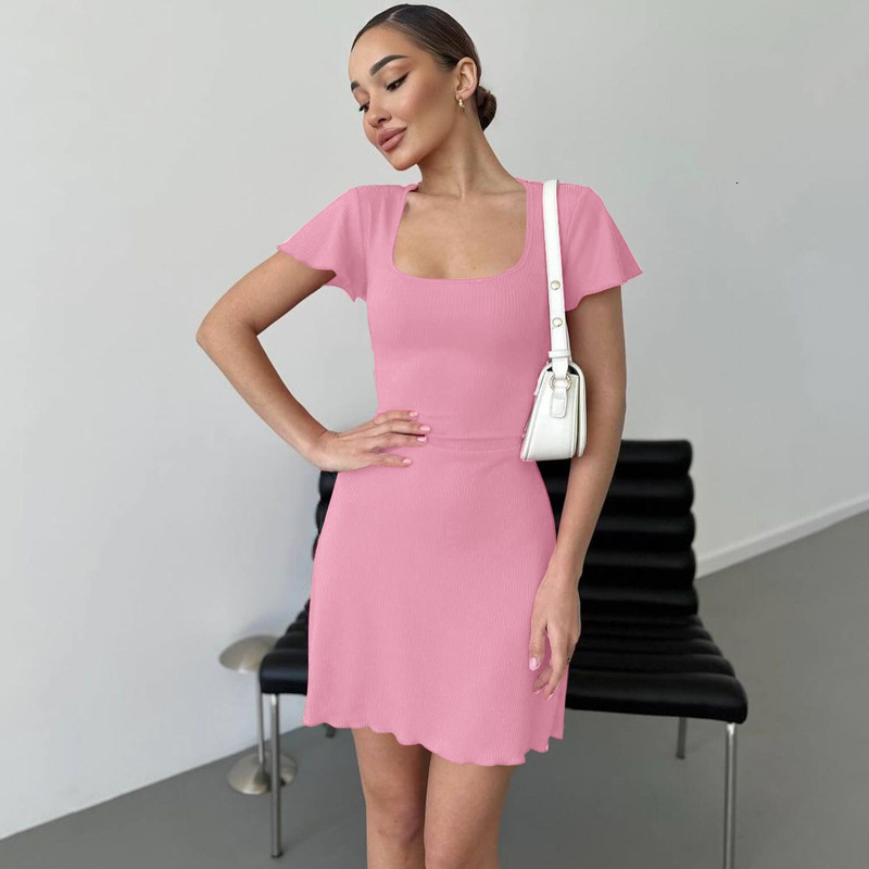 Wind Women's Clothing New4 Summer New Product Fashion Street Photography Solid Color Slim Fit Wave Edge Short Sleeved Dress