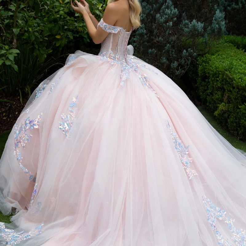 Pink Shiny Quinceanera Dresses Ball Gown Off Shoulder Applique Lace Bow Beads Tull Corset Sweet 16 Dress Vestidos 15 De Anos