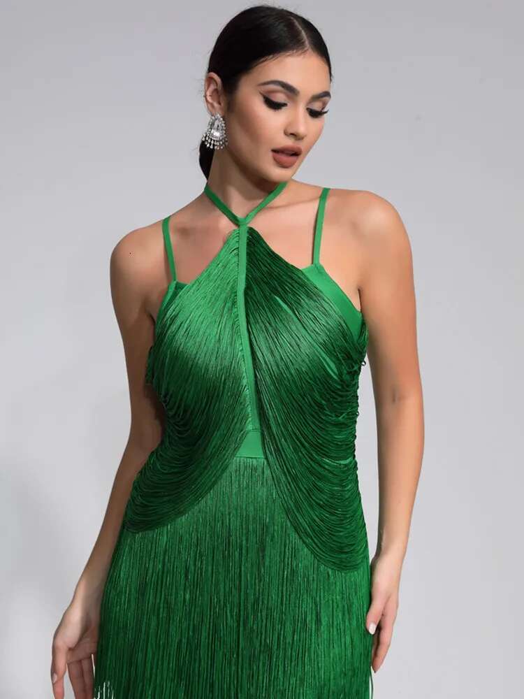 Women Celebrity Sexy Sleeveless Tassel Green Maxi Long Bandage Dress 2024 Knitted Elegant Evening Club Party Outfit