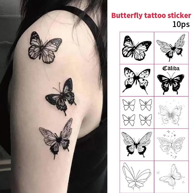10PCS Butterfly Tattoo for Woman Black Flower Sketch Sticker Rose Blossom Temporary Waterproof 250219