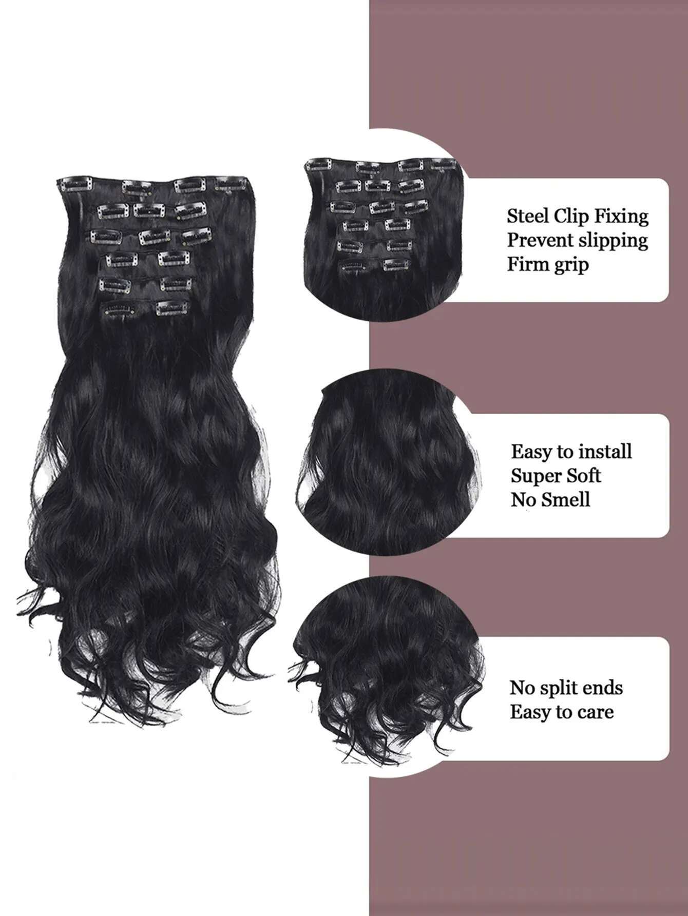 Clip In Long Wavy Synthetic Extension 24 Inch Black 6Pcs Thick Hairpieces Fiber Double Weft Hair For Women