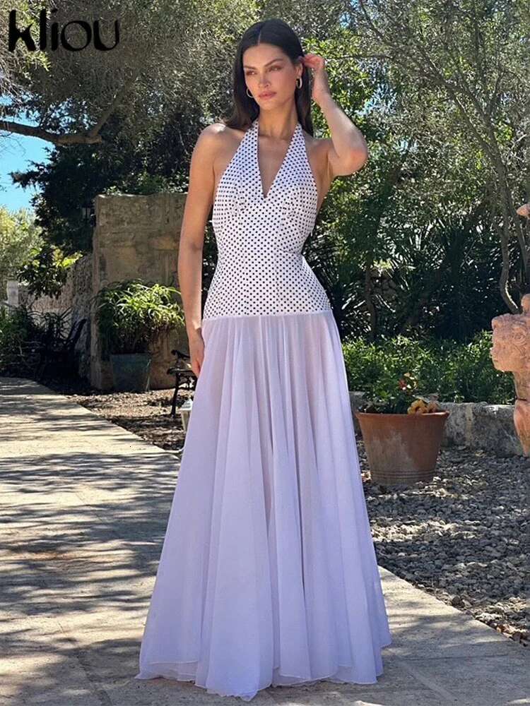 Kliou Wave Point Women Maxi Dress Elegant Patchwork Classic Halter Lace Up V-Neck Backless Drape Vestidos Mujertravel Streetwear