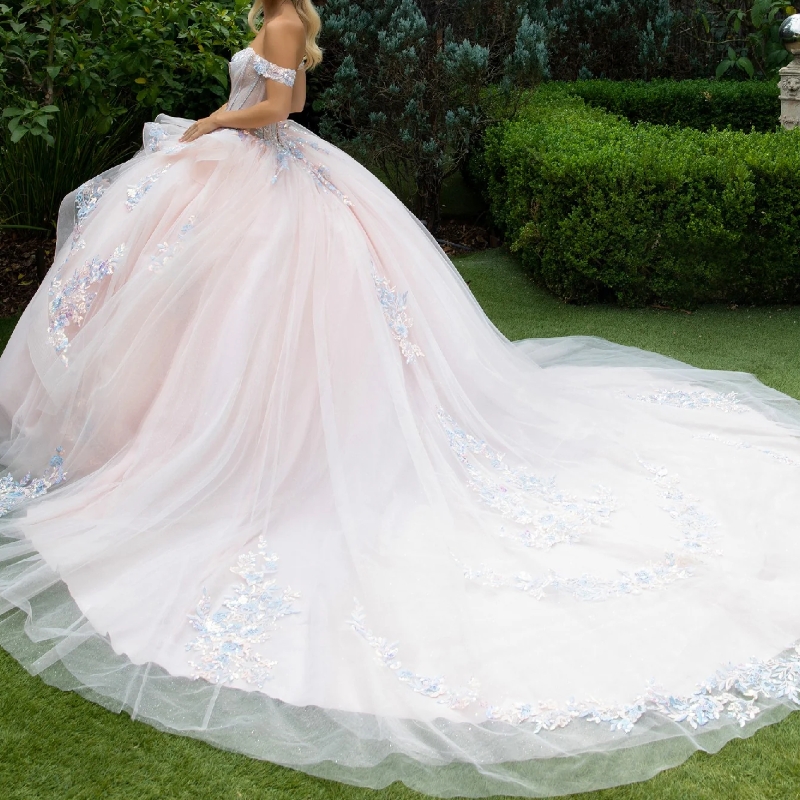 Pink Shiny Quinceanera Dresses Ball Gown Off Shoulder Applique Lace Bow Beads Tull Corset Sweet 16 Dress Vestidos 15 De Anos