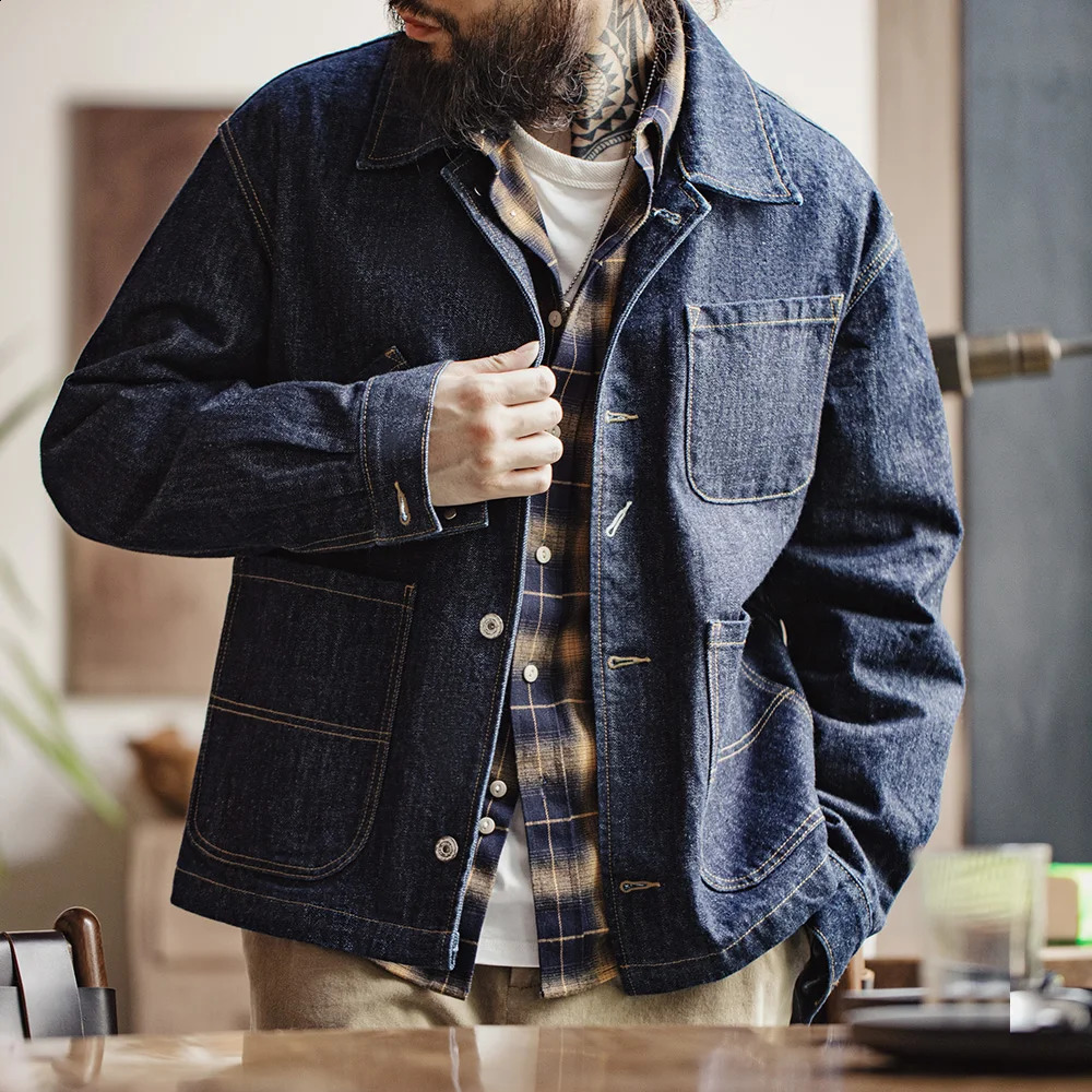 Maden Retro Fourpocket 14oz Lapel Jacket Singlebreasted Denim Navy Blue Cotton Work Coat for Mens Autumn Solid Tops 250225