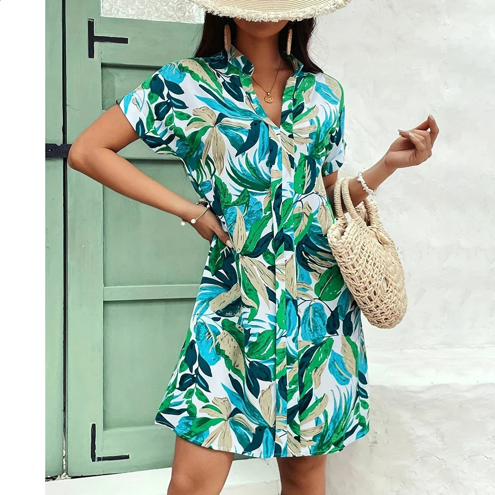 Dress Summer Plant Print Short Skirt Lapel Pocket Button Down Shirt Plus Size Loose Womens Full Of Vitality 250227