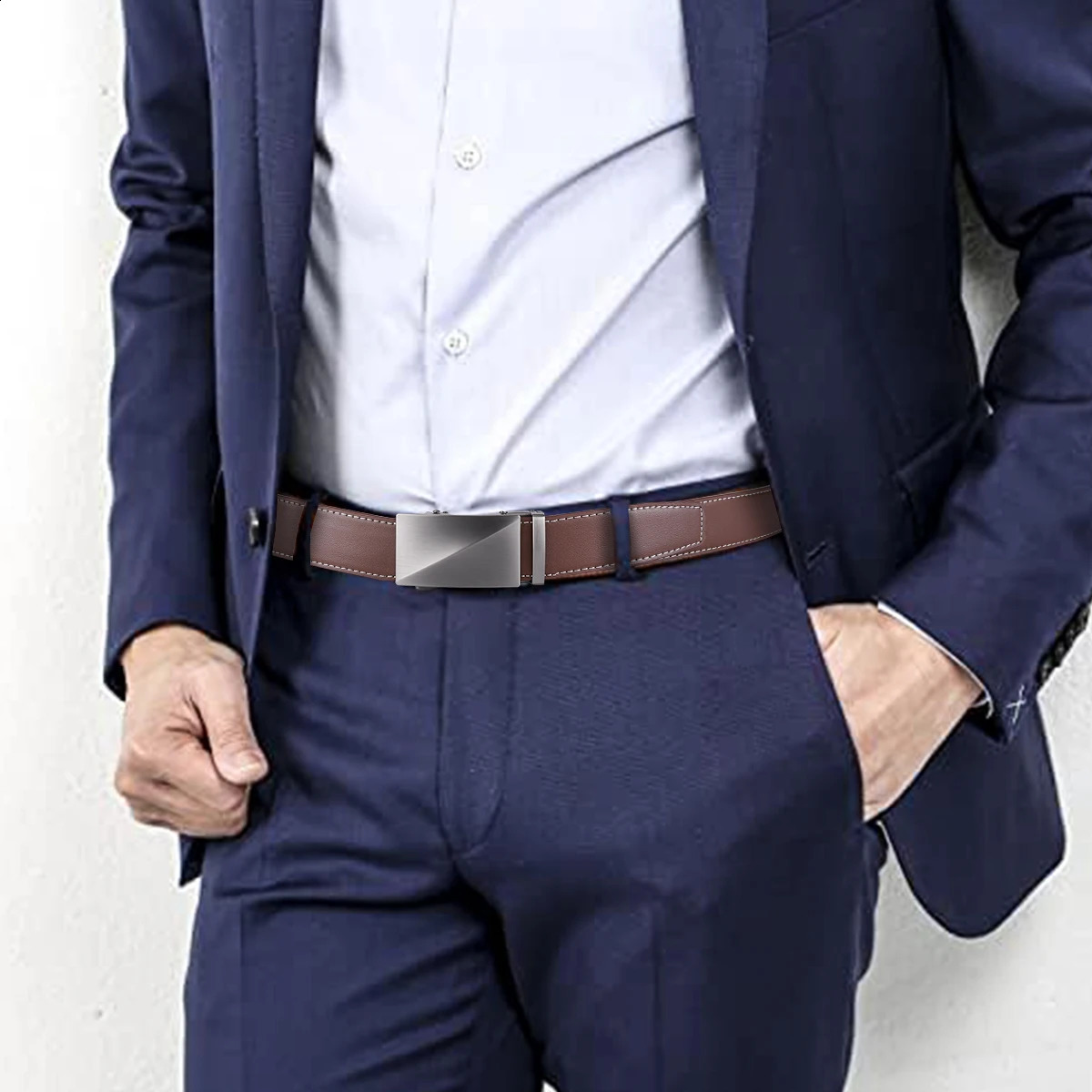 Mens belt simple and versatile for business and leisure smooth belt coffee brown leather cowhide automatic middle-aged pant 250227