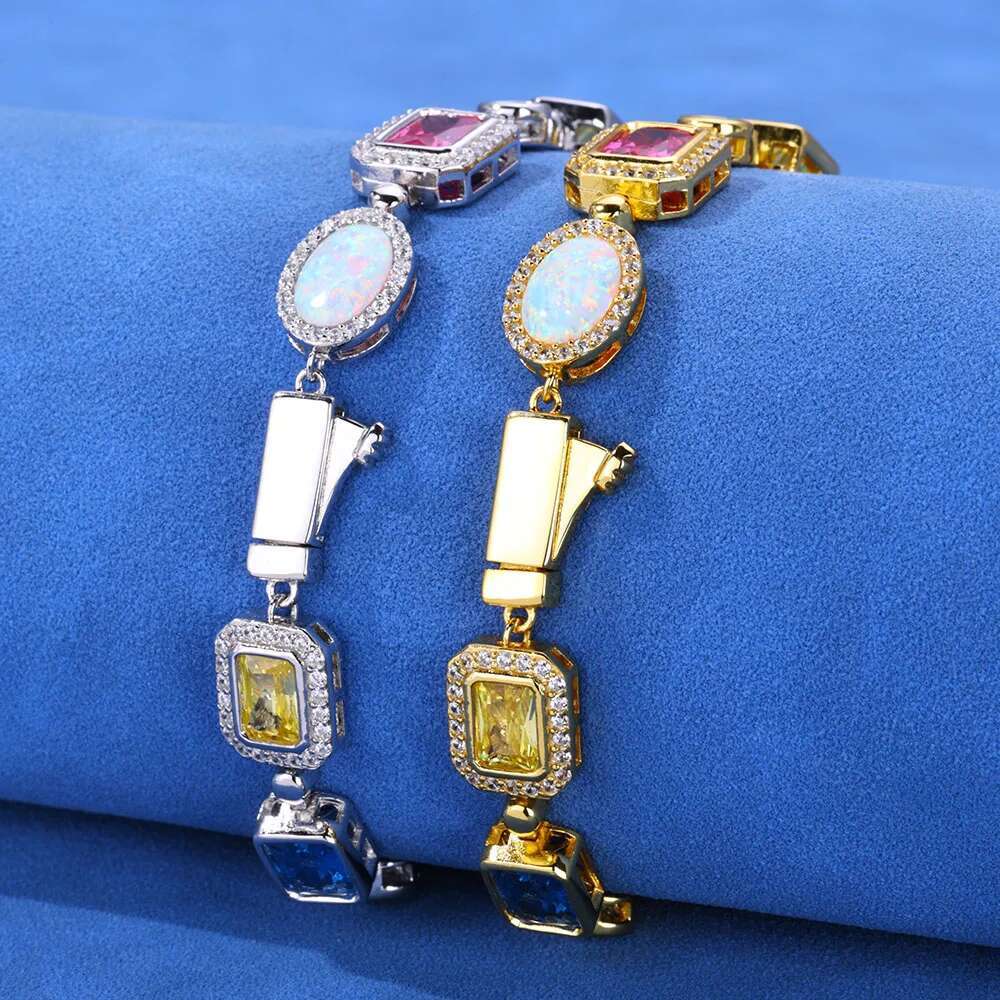 Multi Colored Gem Stone Chain White Gold Plated Vintage Women Choker Jewelry Colorful Rainbow Gemstone Bracelet Necklace Men