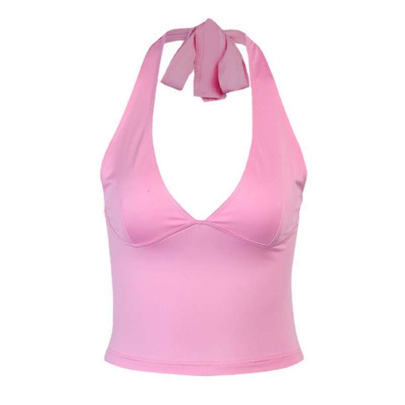 Camisole Summer Halter Tank Top Women V-Neck Sexy Tanks Camis Skinny Backless Pink Corset Tee Shirt Femme Tops WomanT-shirt