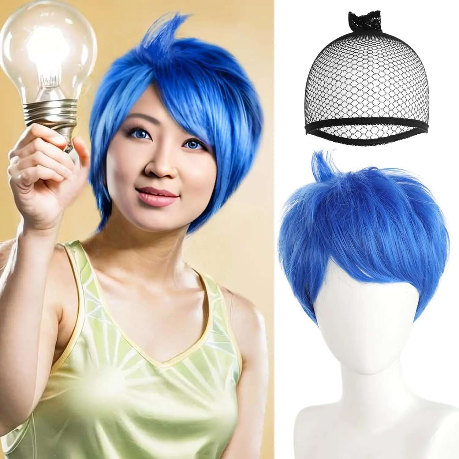 Short Synthetic Cosplay Blue Anime Wig Women Joy Outfit Bluewig For Halloween Party