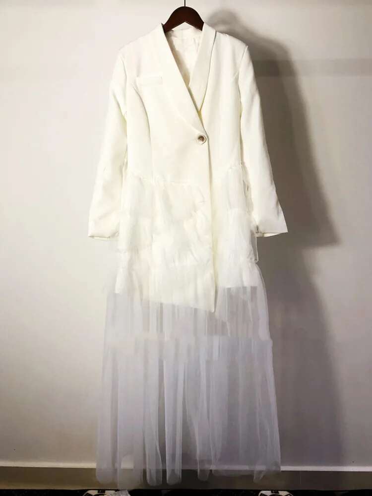 Fashion Elegant V-Neck Suit Mesh Dress All Match White Long Cake Skirt Women 2025 Spring Autumn 16U7263