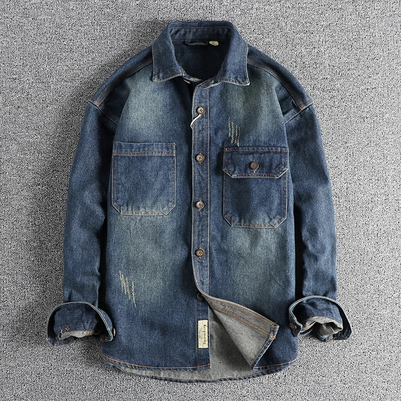 Heavy washing to do old vintage denim shirt men loose casual trend youth 250226