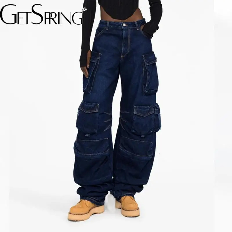 GetSpring Womens Jeans Autumn Winter Fashion All Match High Waist Multi Pockets Loose Casual Long Straight Jeans Denim Pants 250224