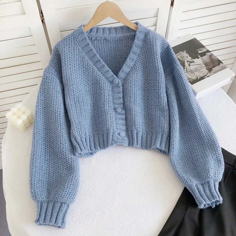 Retro Lazy Vneck Longsleeved Knitted Cardigan Autumn Winter Breasted Sweater Jacket Solid Color Short Women Cardigans 250225