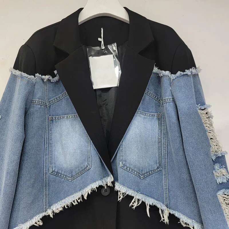 DEAT New Fashion Women's Contrasting Color Patchwork Suit Denim Jacket Loose Notched Long Sleeve Coat Female 2024 Autumn 11A0985