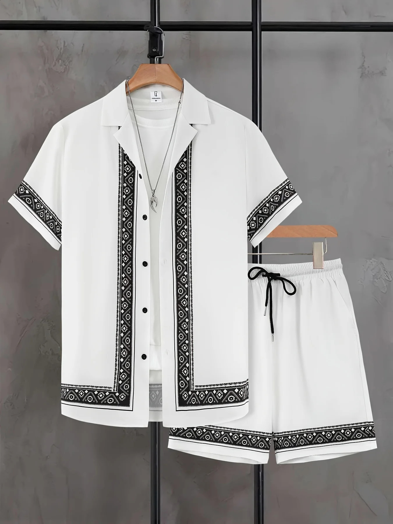 Ethnic Style Mens 2pcs Set Geometric Print Casual Outfits Short Sleeve Button Lapel Shirt Drawstring Shorts Summer Fashion Suit 250224Z