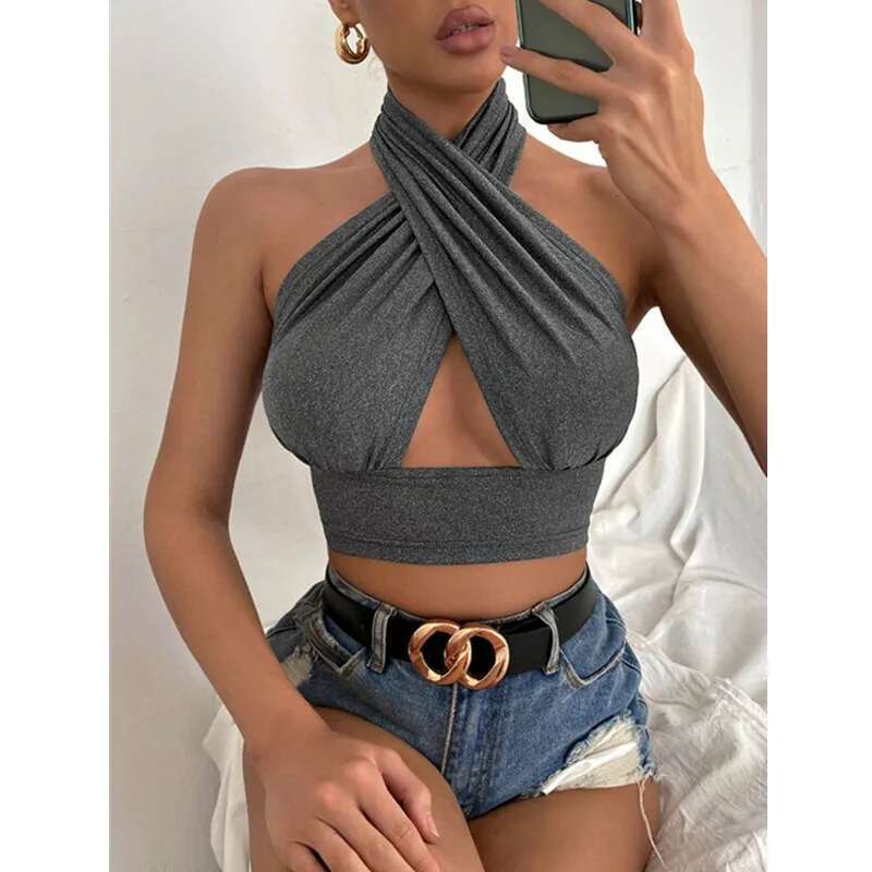 Summer Tank Women Solid Cross Halter Camis Backless Crop Tops Female Camisole Cropped Top Slim Sleeveless Streetwear