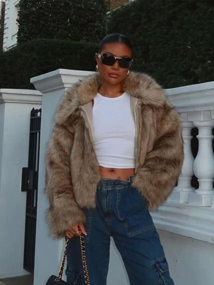 Fashion Faux Fur Coat Women Turn-down Collar Thick Zipper Warm Pocket Outwear Overcoat Fluffy Long Sleeve Ladies Jacket