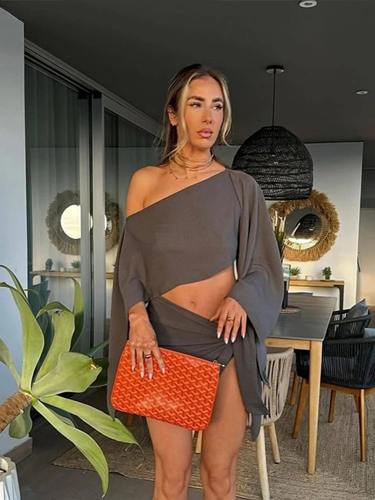 Sexy Skirt Suits Women Cotton Linen Single Shoulder Irregular Tops Set Female Summer Hollow Out Lace Up Beach Skirt Set 2 Pieces 250225
