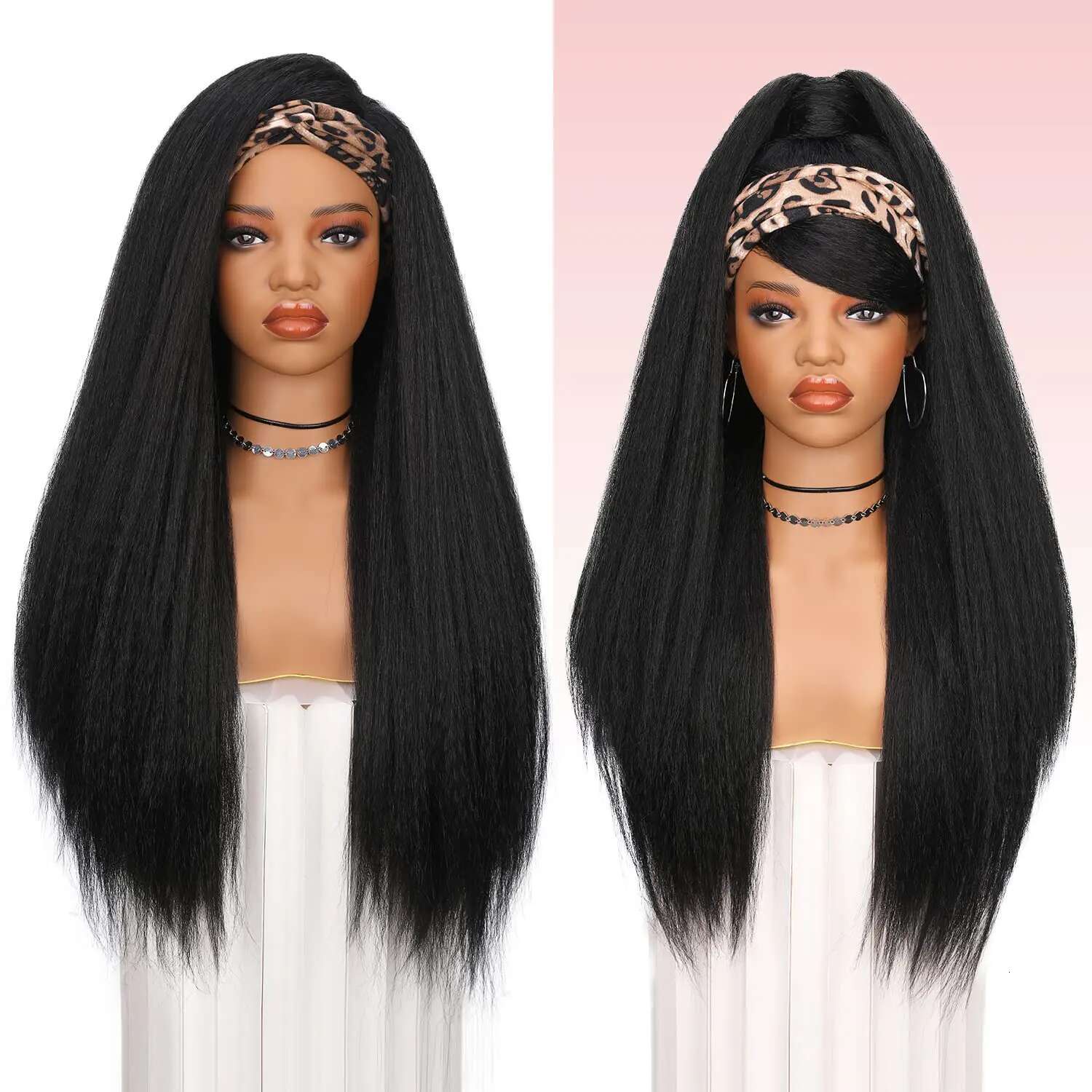 Long Kinky Synthetic Hair For African American Afro Yaki Straight Headband Wigs For Black Women