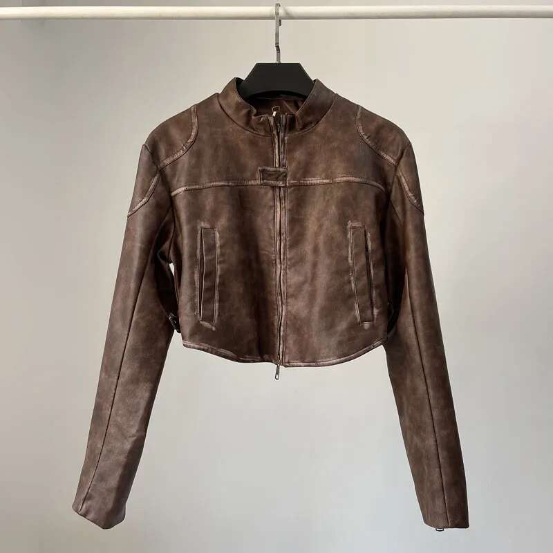 Vintage Black Brown PU Faux Leather Cropped Biker Moto Jacket Women Zipper Coat Outwear Stylish Top Kpop Outdoor