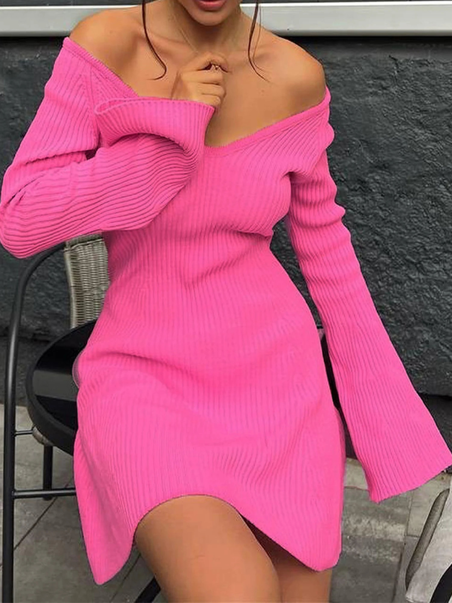 wsevypo Womens Long Sleeve Knitted Dress Fashion Basics Off Shoulder V Neck High Waist A Line Short for Party Club Work 250227Z