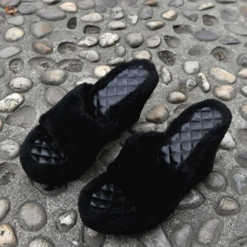 Fur Slippers Womens Wedge Heel Shoes Women High-heeled Furry Drag Fashion Outdoor All-match Shoes Slippers Furry Slides 250228