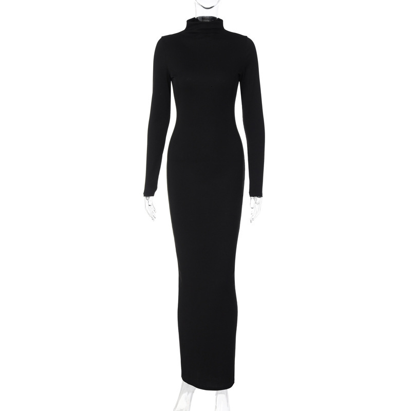 Wind Women's Clothing New4 Autumn New Fashionable Solid Color High Neck Slim Fit Long Sleeved Temperament Dress