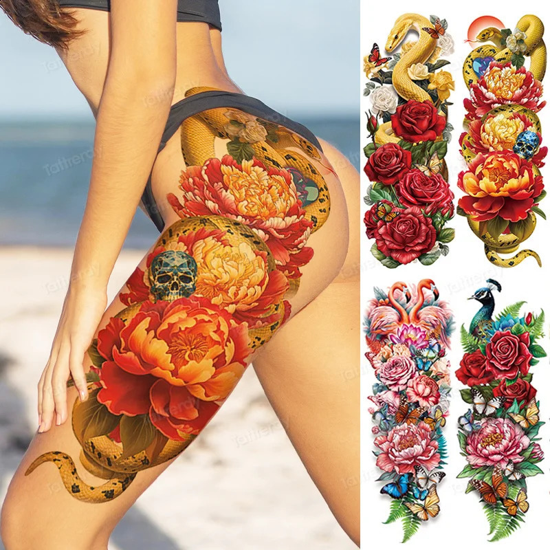 Large Full Arm Sleeve Temporary Tattoo Stickers Leg Thigh Waist Body Art Men Women Tattoos Snake Peony Carp Dragon Rose 250219
