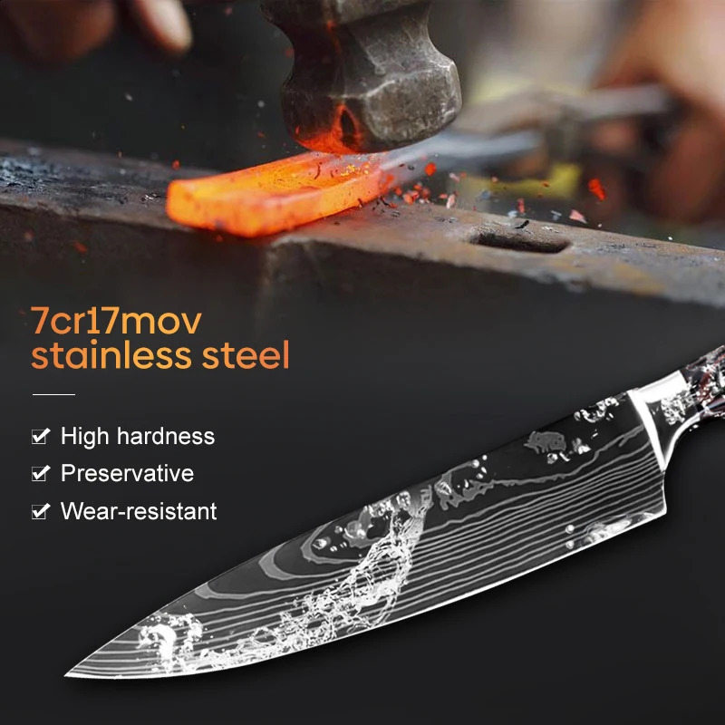 Kitchen Knife Set Damascus Pattern Stanless Steel Japanese Santoku Knife Cleaver Slicing Utility Knife 250226