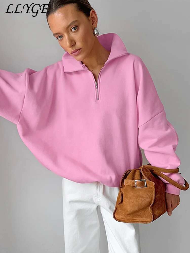 Designer Casual Lapel Women's Sweatshirt Loose Long Sleeve Zipper Patchwork Female Pullovers 2024 Autumn Lady Lazy Solid Sport Outwear