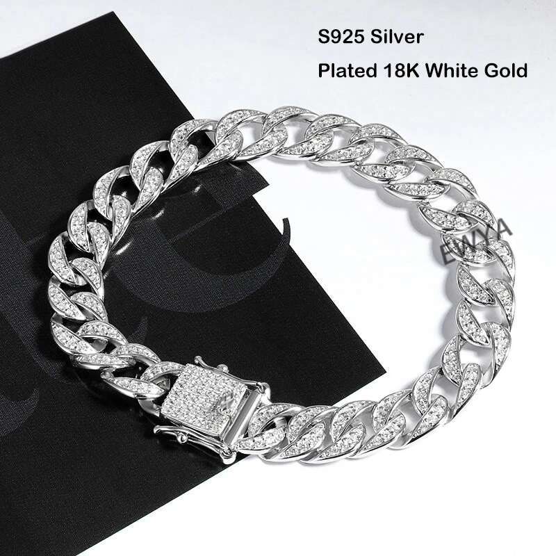 EWYA Full 1.2mm D Color Moissanite Cuban Chain Bracelet For Men Women S Sier Pass Dia Test 8mm Wide k Bracelets Gift