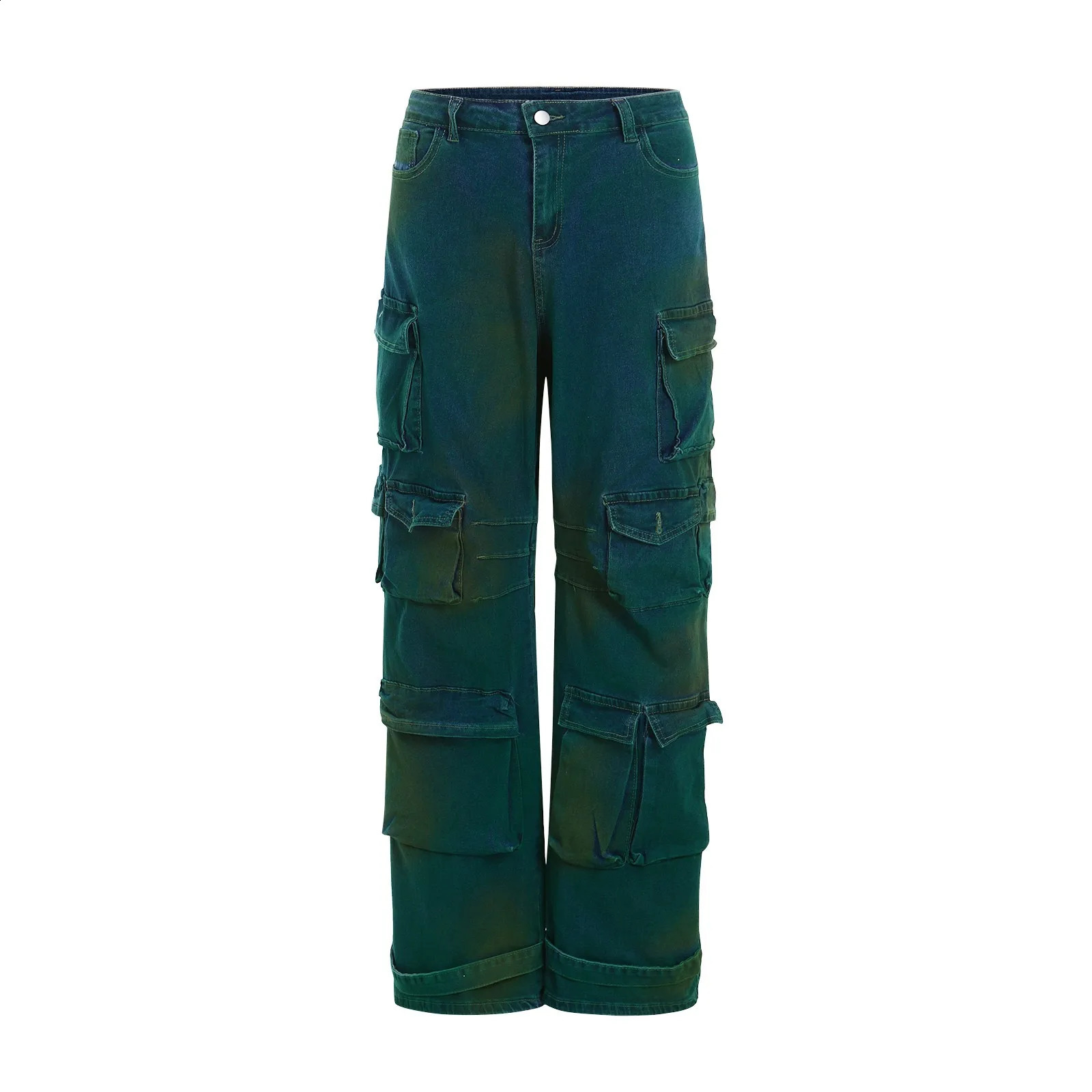 Trendy Style Pants Multi Pocket Wide Version Spray Painted Denim Straight Leg Work Pants Elastic Streetwear American Baggy Jeans 250224