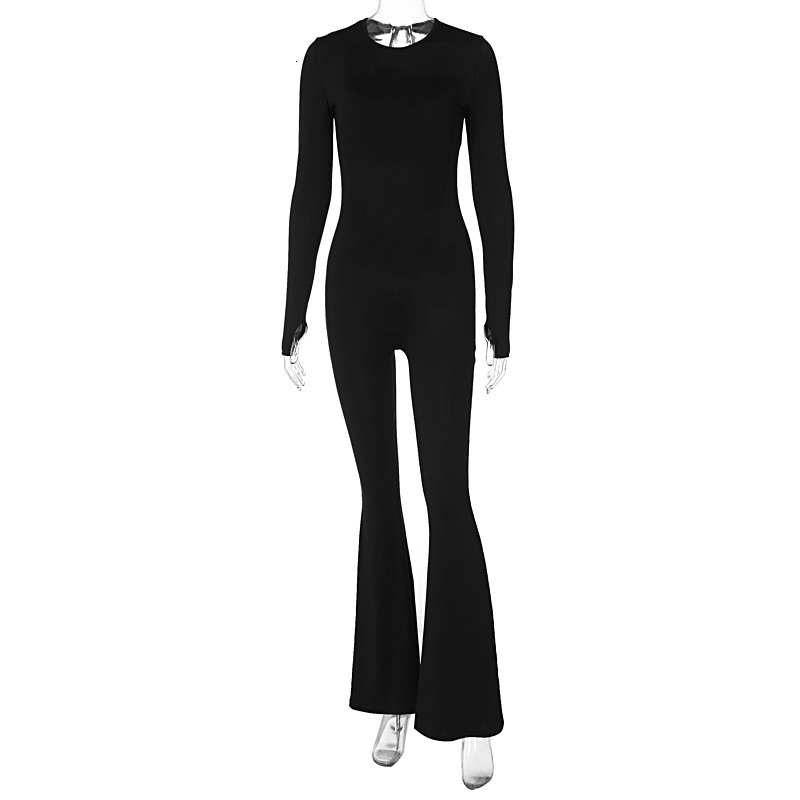 Women's New4 Spring New Fashion And Sexy Off Back Lace Solid Color Slim Fit Long Sleeved Jumpsuit