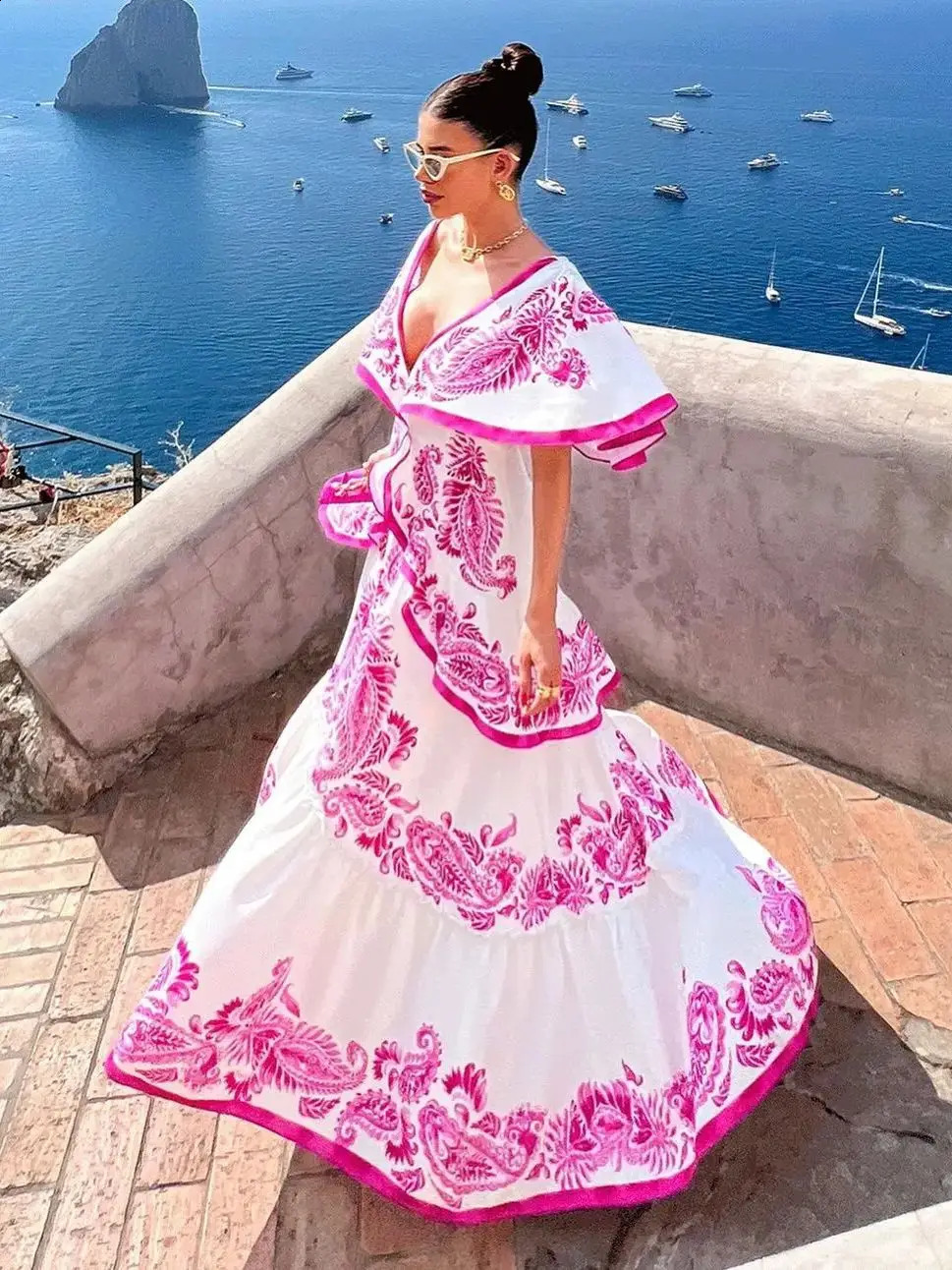 Shadow Cap Midi Dresses Women Cloak Sleeves Dress V Neck Halter Boho Summer Party Evening Female Dresses Summer Dress 250226