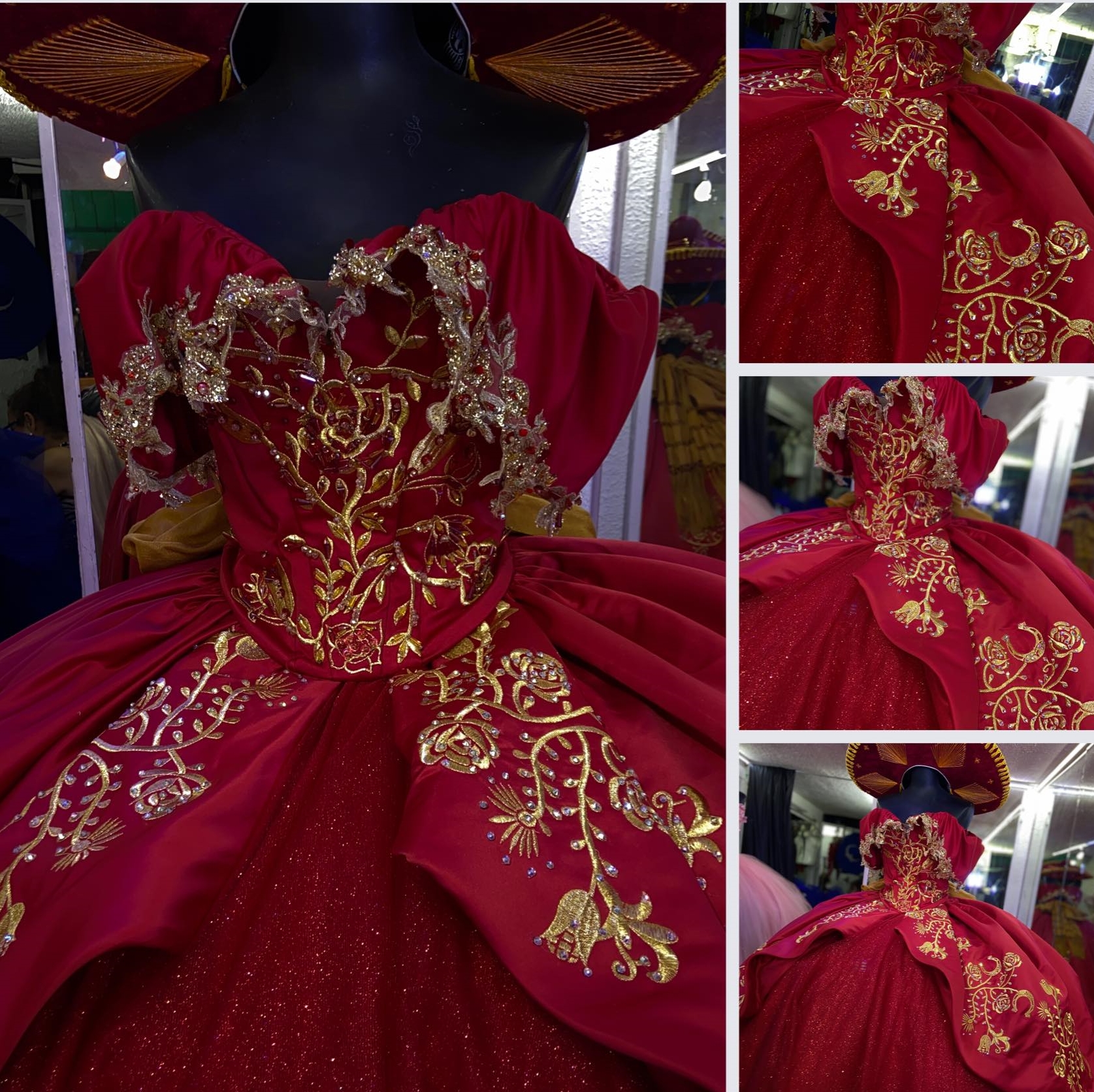 Charro Dark Red Quinceanera Dresses Gold Embroidery Crystals Beaded Long Sweet 16 Dress Off Shoulder Princess Prom Boutique Special Occasion Gowns