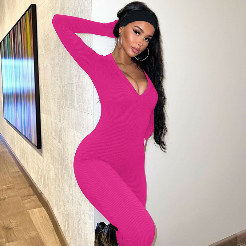 Women's New4 Spring New Fashion Solid Color Slim Fit Sports Long Sleeved Jumpsuit